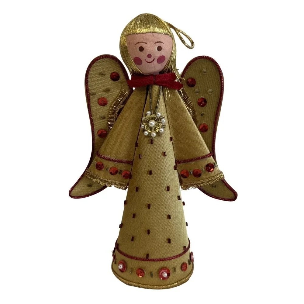 Vintage Gold Fabric Angel Christmas‎ Tree Topper Ornament Sequin Bead MCM